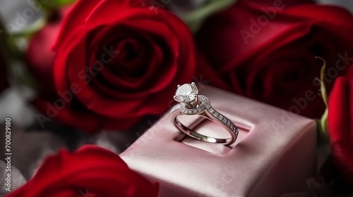 Enchanting Elegance: Sparkling Diamond Ring Unveiled in a Luxurious Package, Embraced by a Scarlet Rose