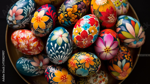 Hand painted Easter eggs flat lay, with detailed floral patterns in variety of vibrant colors on dark background, traditional egg painting, Easter customs worldwide