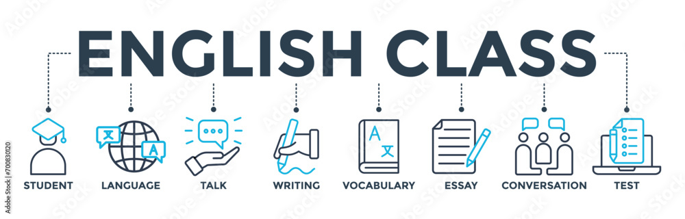 English class banner concept with icon of student, language, talk, writing, vocabulary, essay, conversation, test. Web icon vector illustration English class banner concept with icon of student, language, talk, writing, vocabulary, essay, conversation, test. Web icon vector illustration