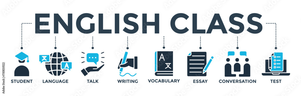 English class banner concept with icon of student, language, talk, writing, vocabulary, essay, conversation, test. Web icon vector illustration English class banner concept with icon of student, language, talk, writing, vocabulary, essay, conversation, test. Web icon vector illustration