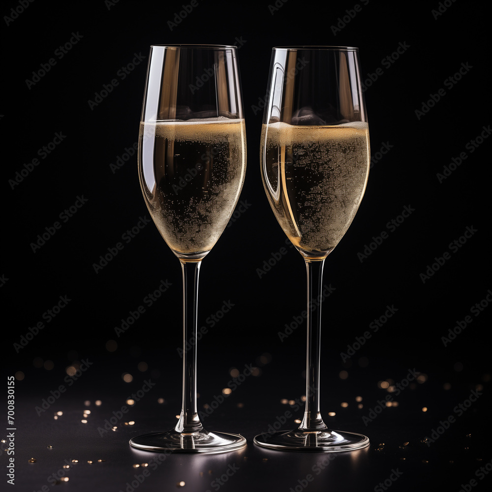Close-up of two champagne flutes toasting, suitable for celebrations. Close-up of two champagne flutes toasting, suitable for celebrations.