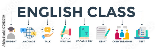 English class banner concept with icon of student, language, talk, writing, vocabulary, essay, conversation, test. Web icon vector illustration 