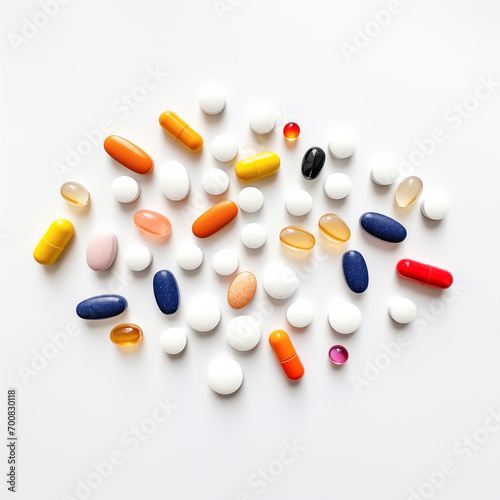 Overhead view of assorted colorful medicine pills on white.