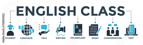 English class banner concept with icon of student, language, talk, writing, vocabulary, essay, conversation, test. Web icon vector illustration 