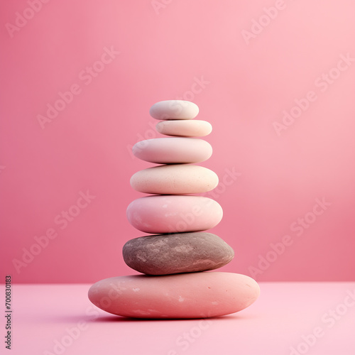 Minimalist Zen Stones on Pink Gradient. Stacked zen stones on pink gradient for wellness themes. 
