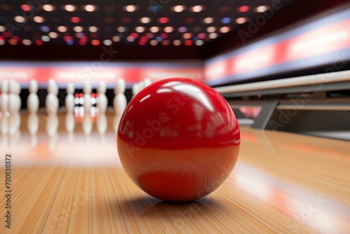 Perspective view of a 3D sports bowling ball and pins. Generative AI