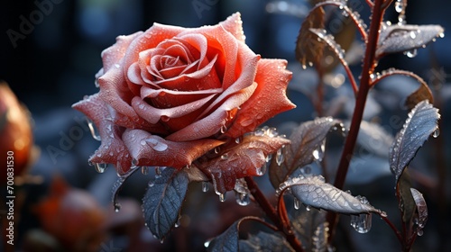 Frozen Elegance: Mesmerizing Rose Enveloped in Glistening Ice on a Mysterious Black Canvas