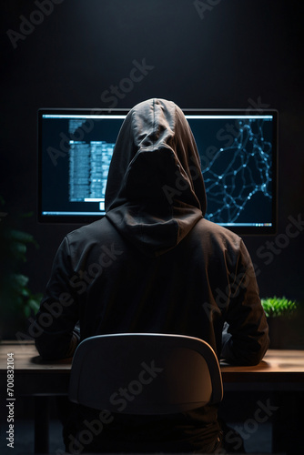  back view of man in black hoodie sits near laptop in the dark room, hacker committing digital cybercrime. unrecognizable incognito  and try to breach the security of laptop system.