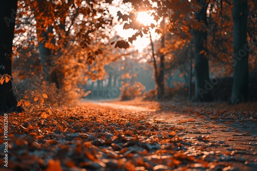 An autumnal park with neon copper veins in the leaves and paths, offering a monochromatic copper fall view, distant park areas blurred
