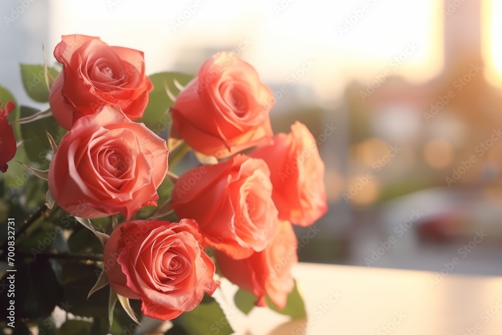 Obraz premium Enchanting Love: Blurry Couple Embracing amidst a Rose Bouquet, Bathed in Natural Lighting - HDR Stock Image
