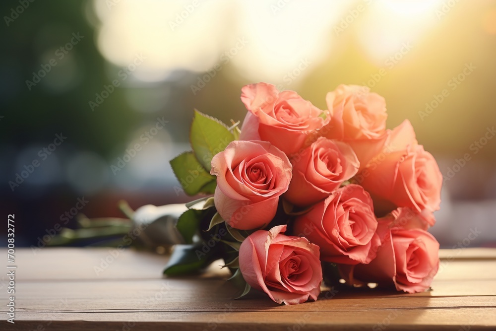 Obraz premium Enchanting Love: Blurry Couple Embracing amidst a Rose Bouquet, Bathed in Natural Lighting - HDR Stock Image