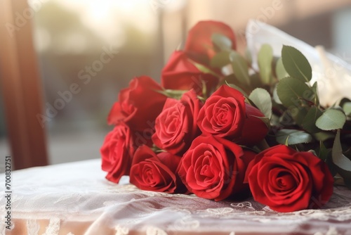 Enchanting Love  Blurry Couple Embracing amidst a Rose Bouquet  Bathed in Natural Lighting - HDR Stock Image