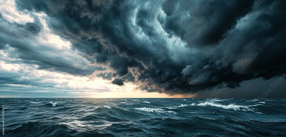A dramatic thunderstorm over the ocean, neon storm sky grey veins in the clouds and sea, presenting a powerful monochromatic storm sky grey marine scene, distant ocean elegantly blurred