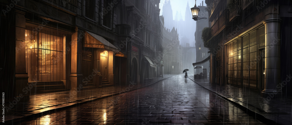Mystical Rain-Swept Street with a Lone Figure Walking Under an Umbrella Amidst Gothic Architecture Mystical Rain-Swept Street with a Lone Figure Walking Under an Umbrella Amidst Gothic Architecture
