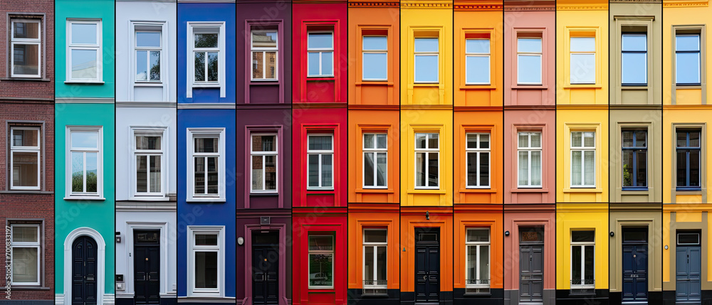 Vibrant Row of Colorful Urban Houses with a Symmetrical Array of Windows and Doors