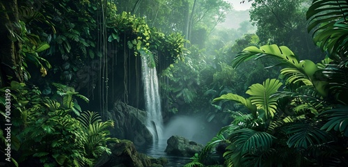 A lush tropical jungle waterfall with neon jungle green veins cascading with the water  creating a vibrant monochromatic jungle green paradise  distant jungle softly blurred