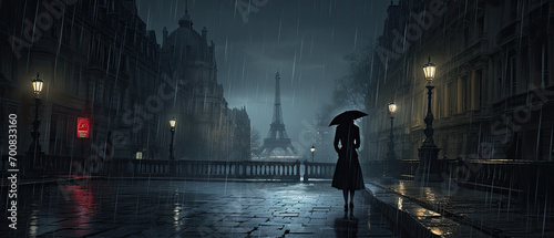 Mysterious Figure Walking Alone in the Rain on a Parisian Street with the Eiffel Tower in the Background