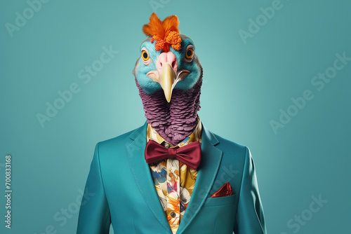 Studio portrait of a funky anthropomorphic turkey wearing a colorful suit jacket on a blue background