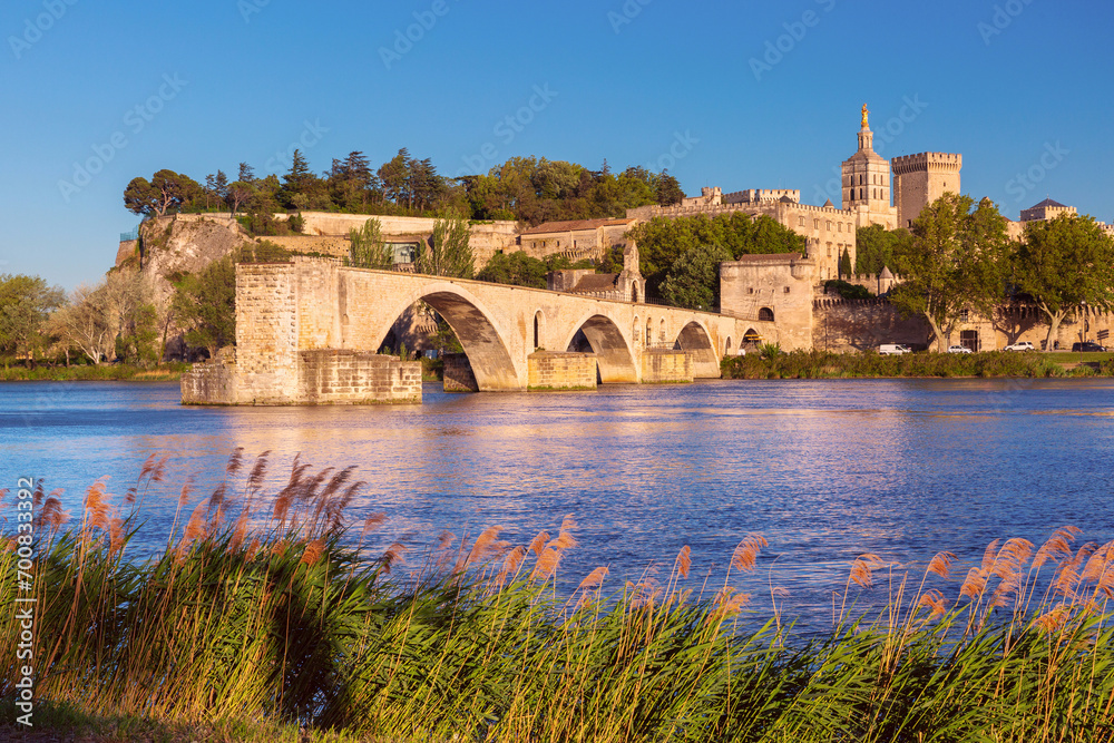 Famous medieval Saint Benezet bridge and Palace of the Popes during gold hour, Avignon, France