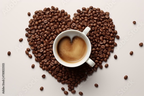 Coffee lover. Heart shape of coffee beans and paper cup on white background. Valentine's Day card. Generative AI