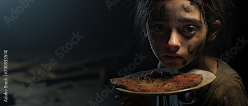 Poignant Image of a Young Girl Holding a Scarce Meal with a Look of Desperation