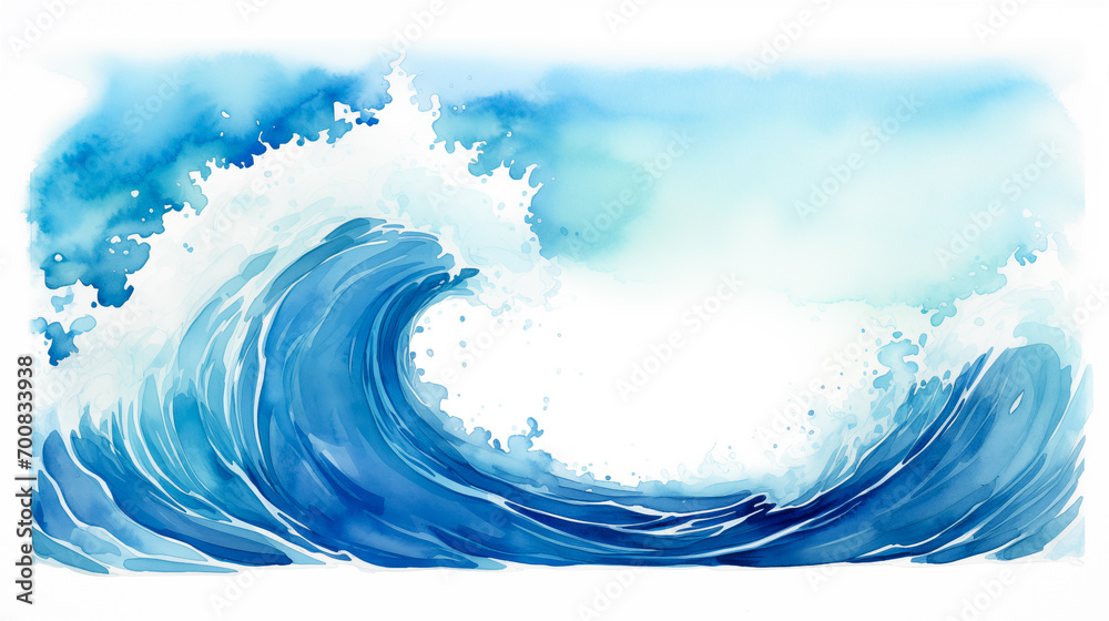 Abstract watercolor ocean water wave isolated on white background with foam spray aqua splash. Painted fun, happy ocean wave in blue, teal, turquoise colors. Marine element with copy space by Vita - obrazy, fototapety, plakaty 