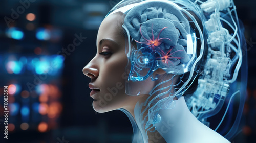 Hyper-Realistic Representation of a Female Cyborg with a Transparent Skull Showcasing Brain and Neural Interfaces