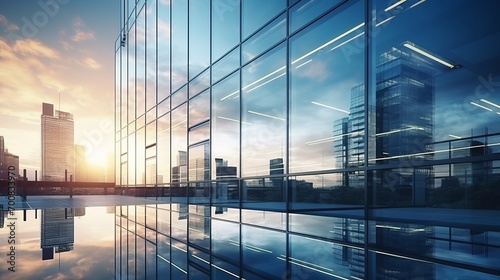 Urban Reflections  Captivating Glass Panels of a Contemporary Office Tower Embrace the Vibrant Cityscape and Sky