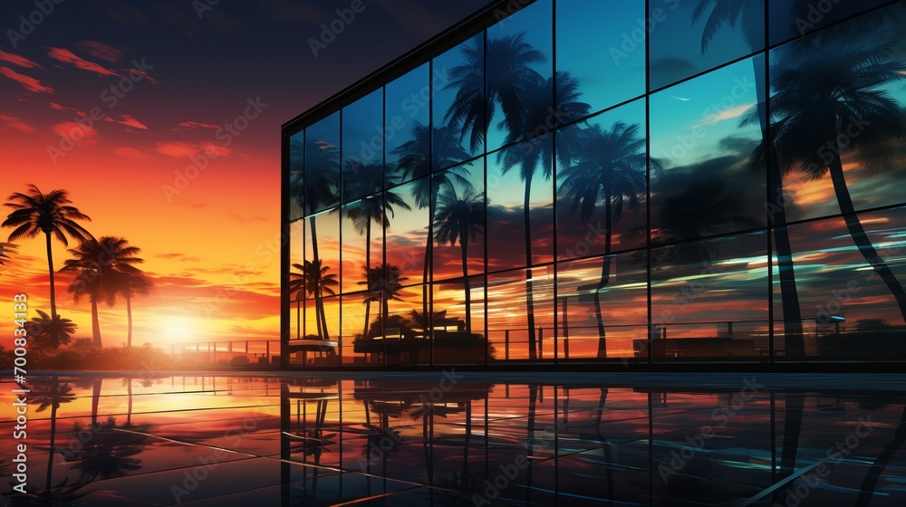 Serenity in the Concrete Jungle: Captivating Glass Office Building Embraces Vibrant Sunset Hues, Palm Tree Silhouettes Add Tropical Flair