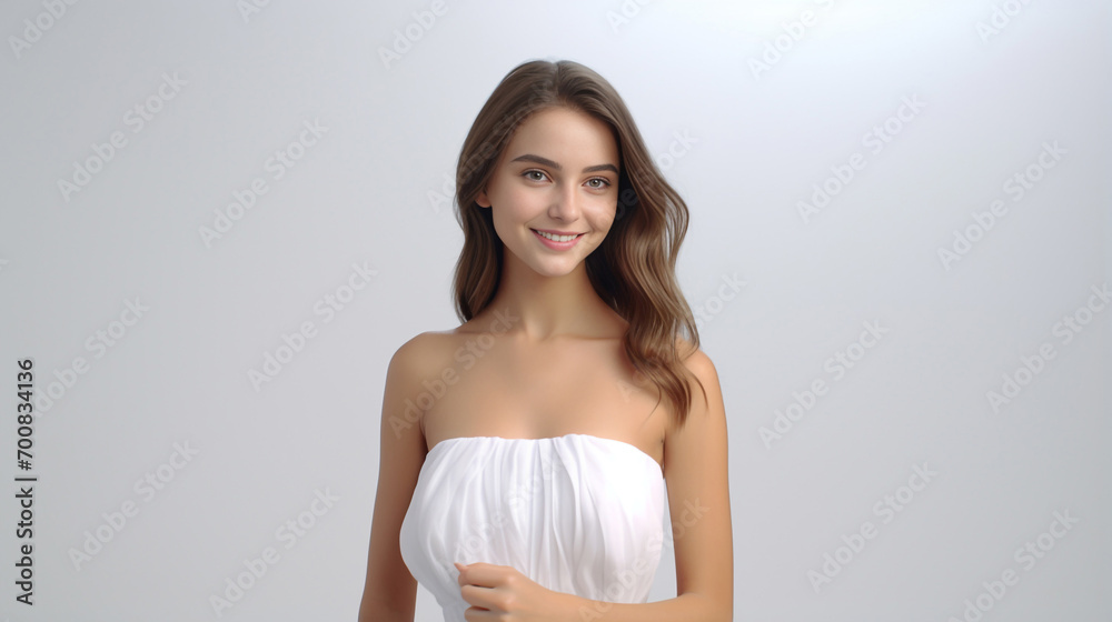 a 3D fashion model gracefully soars against a light gray backdrop. Draped in a long silk gown with chiffon fabric, she embodies creativity in a pure white dress. Generative AI. a 3D fashion model gracefully soars against a light gray backdrop. Draped in a long silk gown with chiffon fabric, she embodies creativity in a pure white dress. Generative AI.