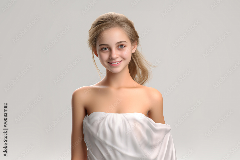 a 3D fashion model gracefully soars against a light gray backdrop. Draped in a long silk gown with chiffon fabric, she embodies creativity in a pure white dress. Generative AI. a 3D fashion model gracefully soars against a light gray backdrop. Draped in a long silk gown with chiffon fabric, she embodies creativity in a pure white dress. Generative AI.