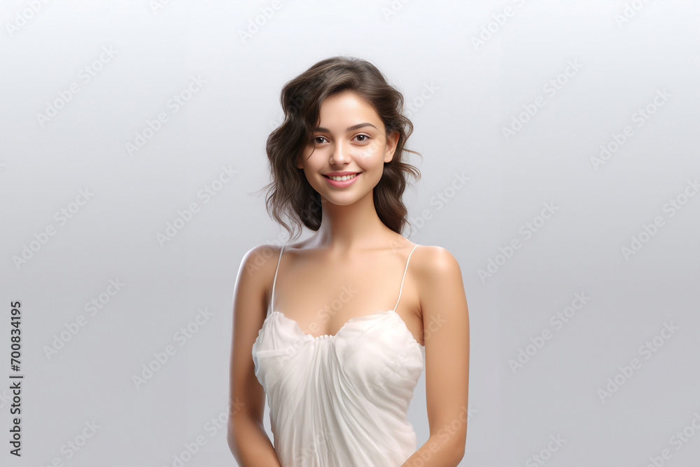 a 3D fashion model gracefully soars against a light gray backdrop. Draped in a long silk gown with chiffon fabric, she embodies creativity in a pure white dress. Generative AI. a 3D fashion model gracefully soars against a light gray backdrop. Draped in a long silk gown with chiffon fabric, she embodies creativity in a pure white dress. Generative AI.