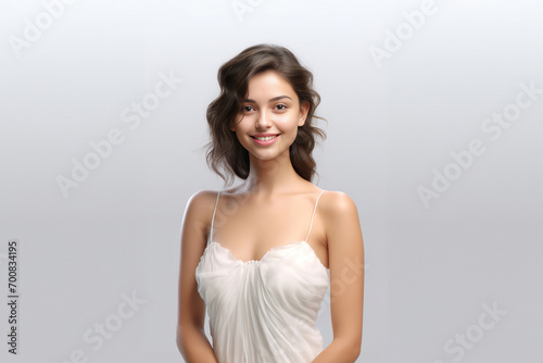 a 3D fashion model gracefully soars against a light gray backdrop. Draped in a long silk gown with chiffon fabric, she embodies creativity in a pure white dress. Generative AI.