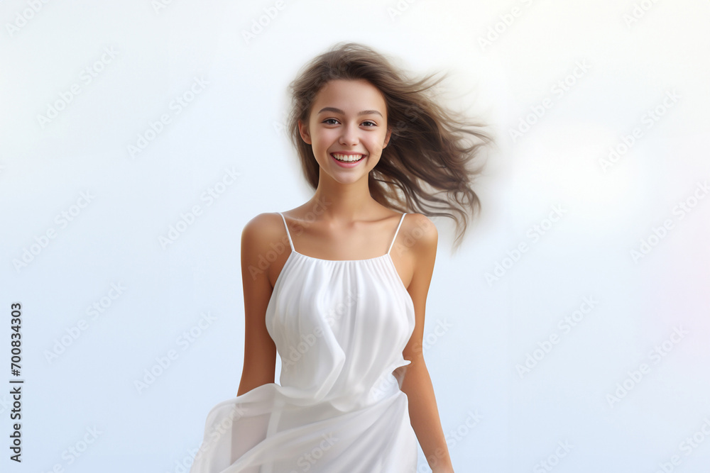 a 3D fashion model gracefully soars against a light gray backdrop. Draped in a long silk gown with chiffon fabric, she embodies creativity in a pure white dress. Generative AI. a 3D fashion model gracefully soars against a light gray backdrop. Draped in a long silk gown with chiffon fabric, she embodies creativity in a pure white dress. Generative AI.