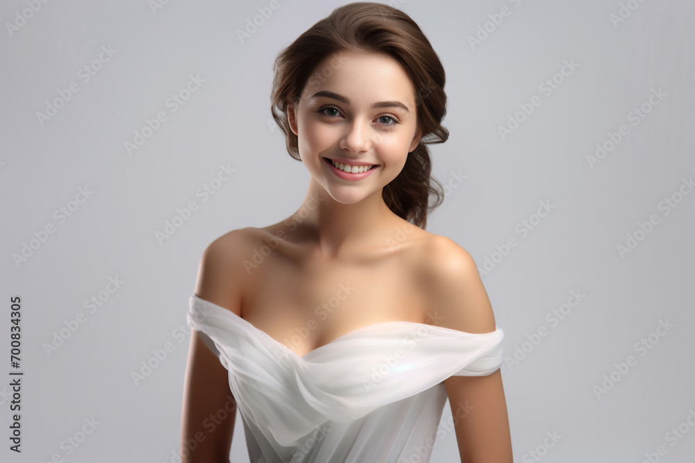 a 3D fashion model gracefully soars against a light gray backdrop. Draped in a long silk gown with chiffon fabric, she embodies creativity in a pure white dress. Generative AI. a 3D fashion model gracefully soars against a light gray backdrop. Draped in a long silk gown with chiffon fabric, she embodies creativity in a pure white dress. Generative AI.