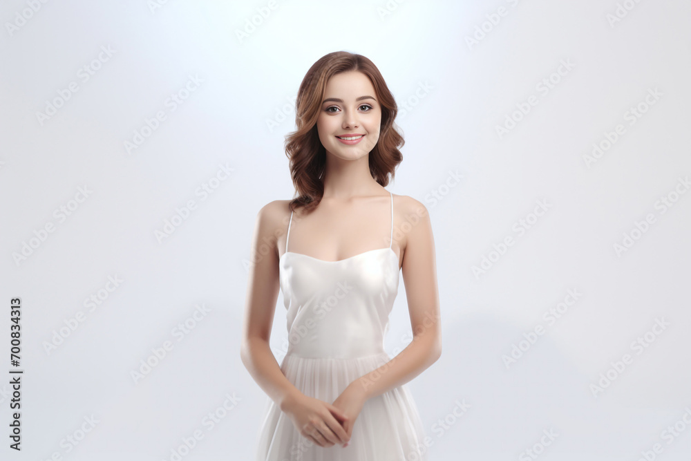a 3D fashion model gracefully soars against a light gray backdrop. Draped in a long silk gown with chiffon fabric, she embodies creativity in a pure white dress. Generative AI. a 3D fashion model gracefully soars against a light gray backdrop. Draped in a long silk gown with chiffon fabric, she embodies creativity in a pure white dress. Generative AI.