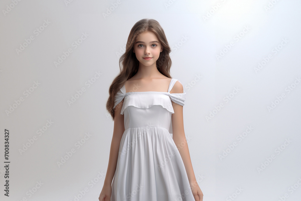 a 3D fashion model gracefully soars against a light gray backdrop. Draped in a long silk gown with chiffon fabric, she embodies creativity in a pure white dress. Generative AI. a 3D fashion model gracefully soars against a light gray backdrop. Draped in a long silk gown with chiffon fabric, she embodies creativity in a pure white dress. Generative AI.