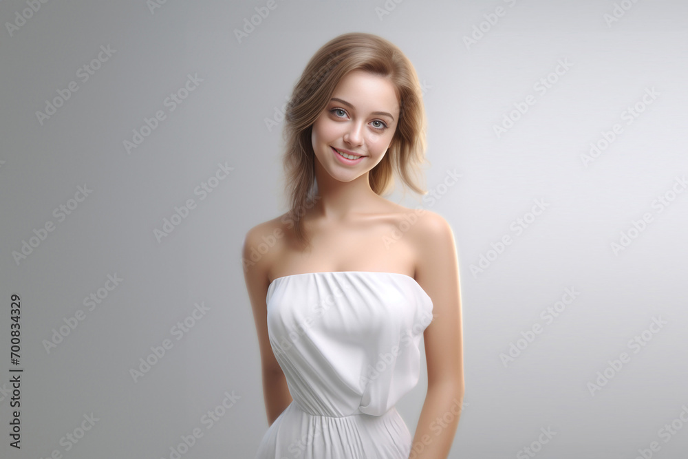 a 3D fashion model gracefully soars against a light gray backdrop. Draped in a long silk gown with chiffon fabric, she embodies creativity in a pure white dress. Generative AI. a 3D fashion model gracefully soars against a light gray backdrop. Draped in a long silk gown with chiffon fabric, she embodies creativity in a pure white dress. Generative AI.