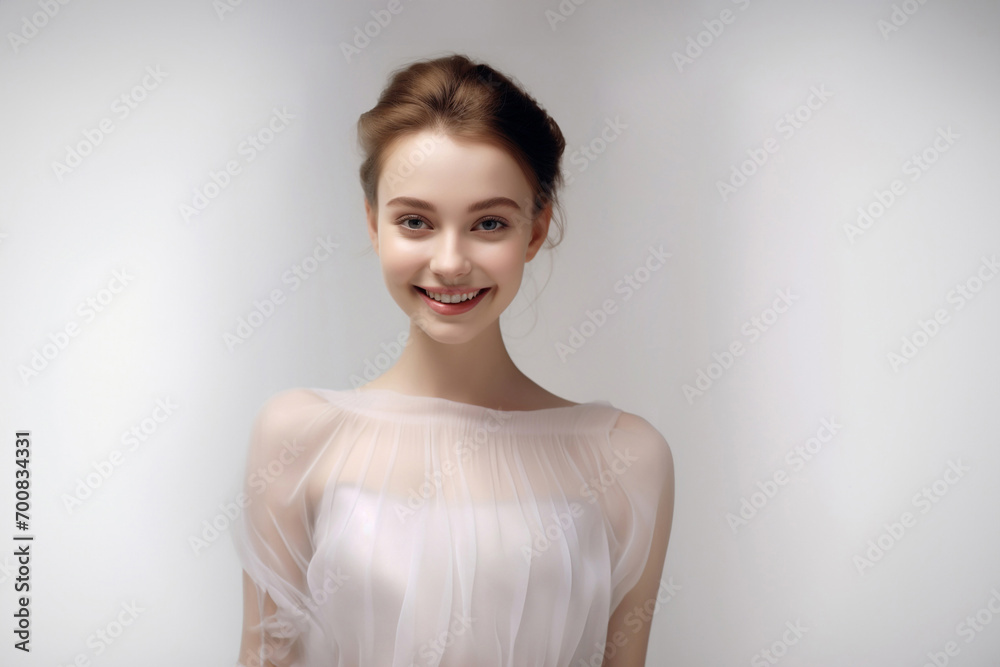 a 3D fashion model gracefully soars against a light gray backdrop. Draped in a long silk gown with chiffon fabric, she embodies creativity in a pure white dress. Generative AI. a 3D fashion model gracefully soars against a light gray backdrop. Draped in a long silk gown with chiffon fabric, she embodies creativity in a pure white dress. Generative AI.