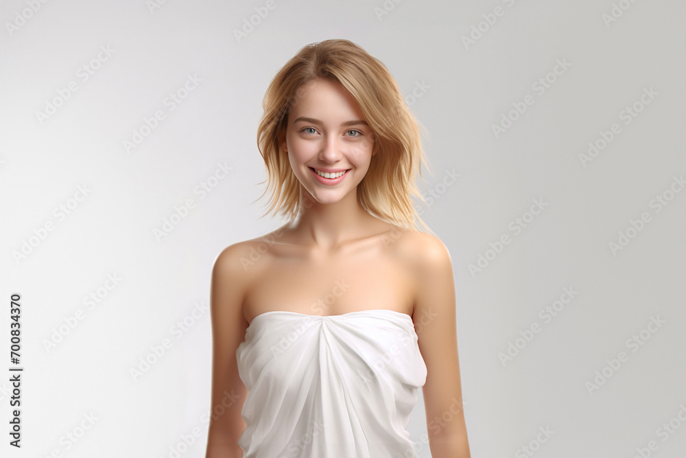 a 3D fashion model gracefully soars against a light gray backdrop. Draped in a long silk gown with chiffon fabric, she embodies creativity in a pure white dress. Generative AI.