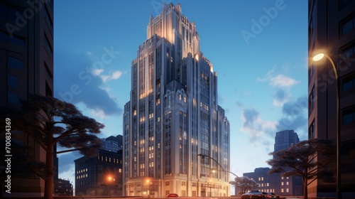 Twilight Brilliance: Illuminating the Majestic Art Deco Skyscraper in Historic Splendor