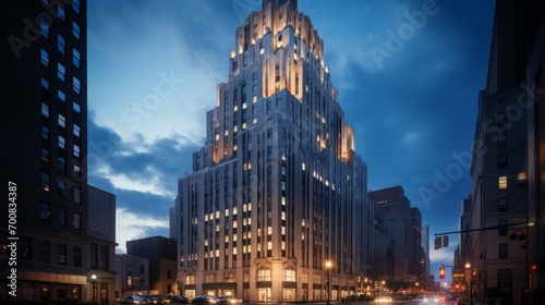 Twilight Brilliance: Illuminating the Majestic Art Deco Skyscraper in Historic Splendor