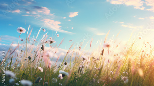 Wildflower meadow with flowers, dreamy scene and banner. Pastel colors
