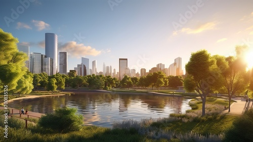 Golden Hour Serenity: Nature's Dance with the Urban Skyline in a Captivating City Park