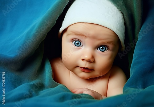 Generative AI image of a beautiful blue eyes baby under a blanket 