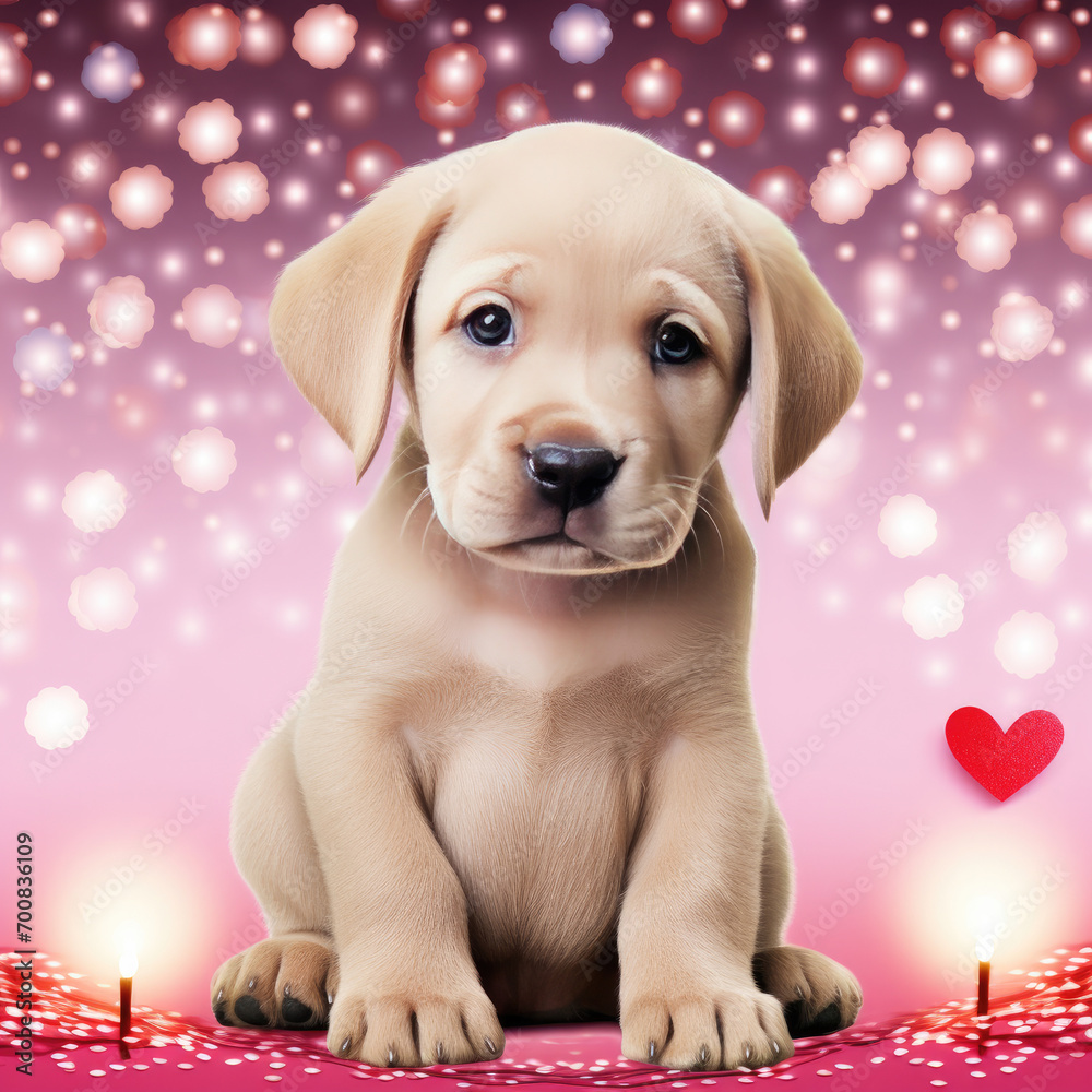 Sad yellow labrador retriever puppy, Valentine's day scene with hearts Sad yellow labrador retriever puppy, Valentine's day scene with hearts