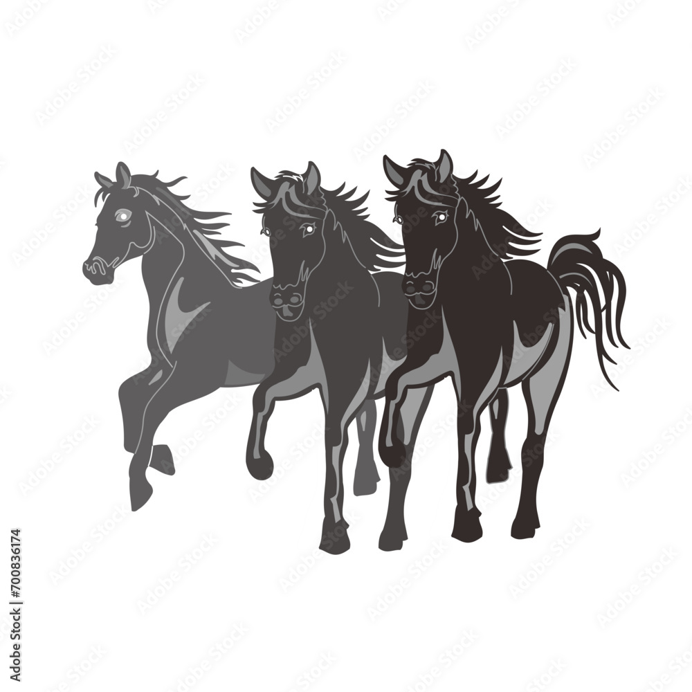 three racehorses silhouette vector style with transparent background