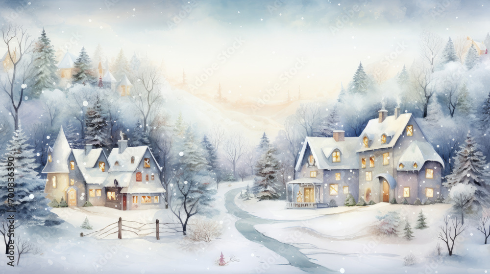 Magical watercolor winter town scene, cottagecore