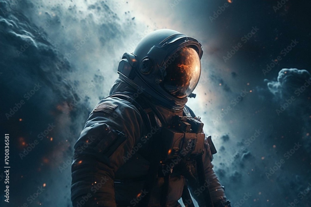 A creative illustration of an astronaut and nebula in outer space. Generative AI