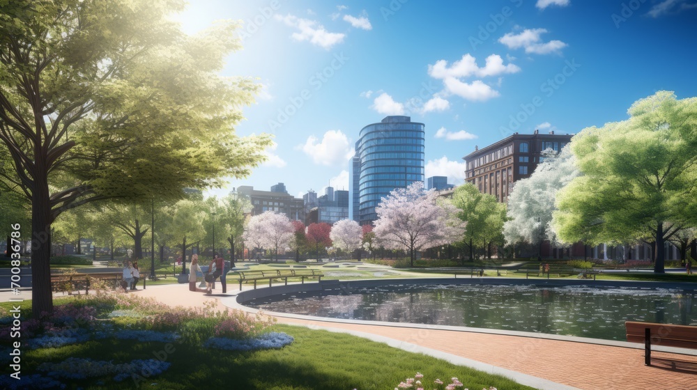 Nature's Symphony: A Vibrant City Park Embracing Urban Development in Spring
